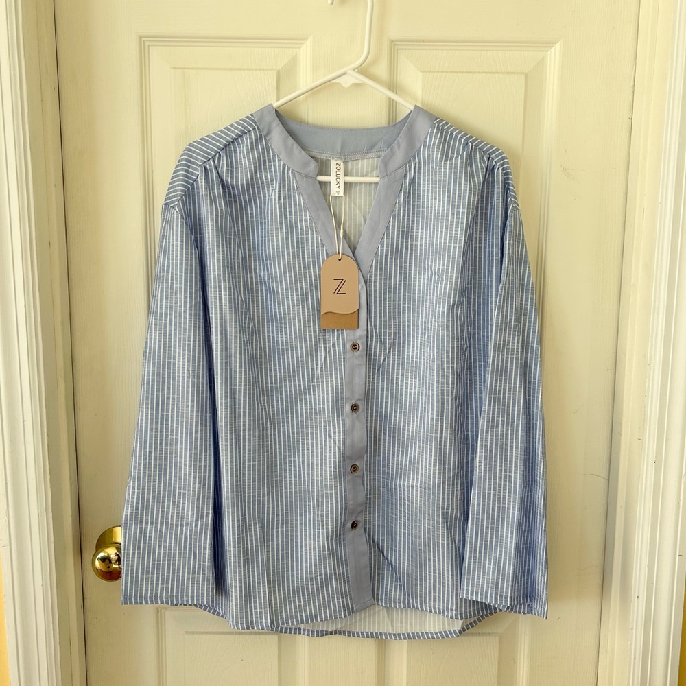NWT Zolucky Blue Striped Casual Long Sleeve Blouse
